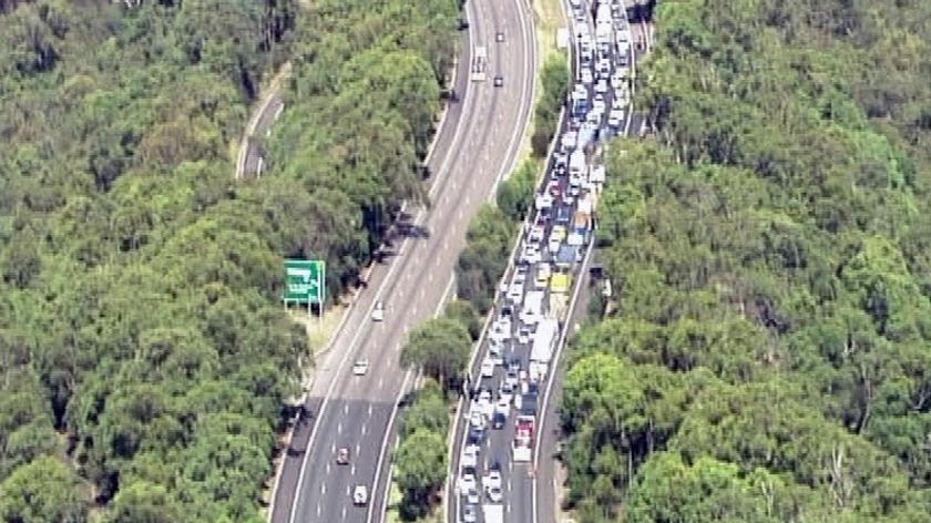 A traffic jam snakes its way along the F3 motorway, north of Sydney, on April 12, 2010.