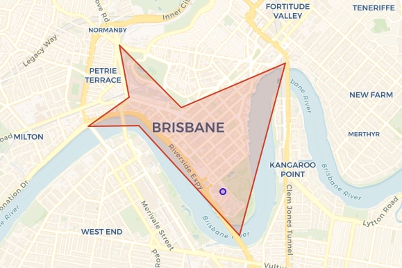 A map showing the brisbane city locality as a polygon and a point for the location with id 4000:parliament-house