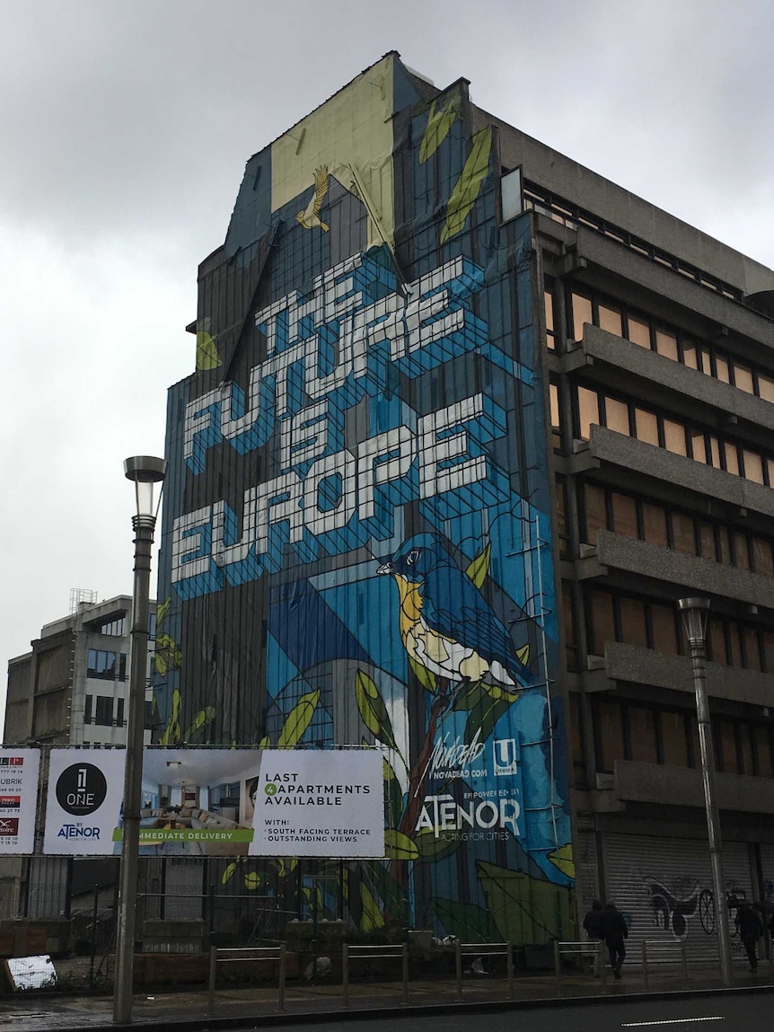 A building in Brussels with 'the future is Europe' painted on it