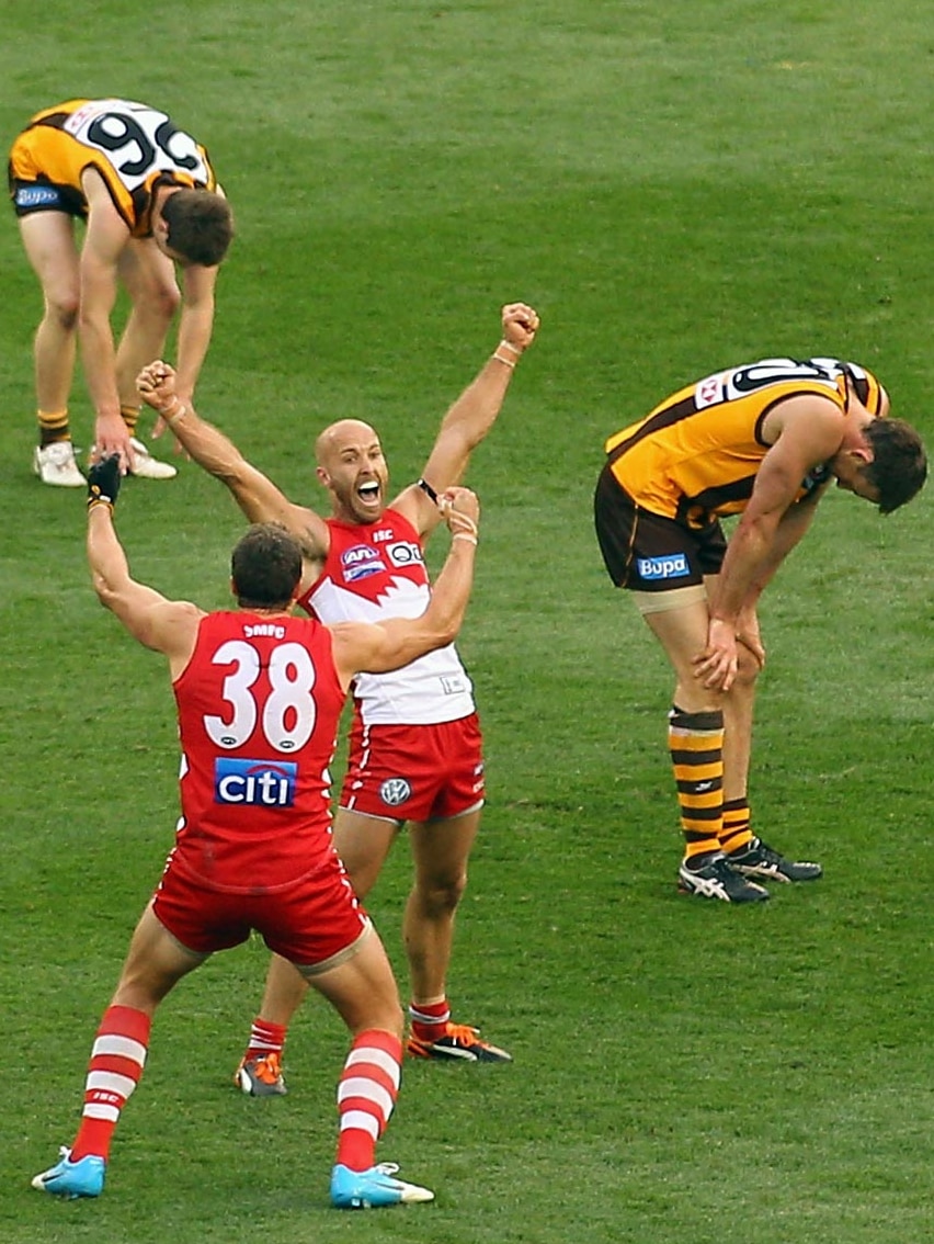 Jarrad McVeigh and Mike Pyke of the Swans celebrate after winning the 2012 AFL Grand Final.
