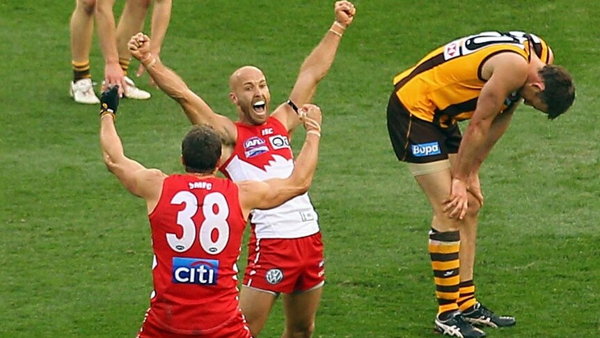 Jarrad McVeigh and Mike Pyke of the Swans celebrate after winning the 2012 AFL Grand Final.