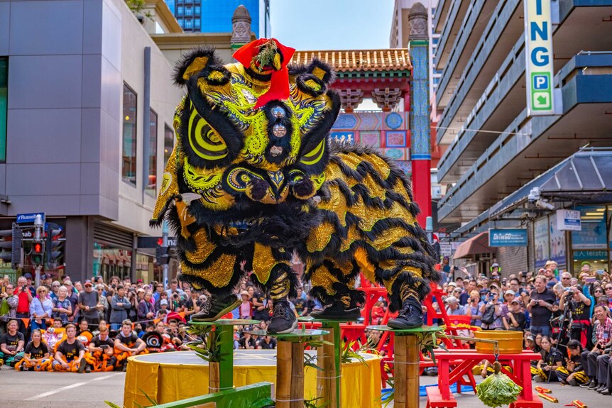 A crowd of people watch the Lion dance performance at the 2020 Lunar New Year celebrations in Melbourne
