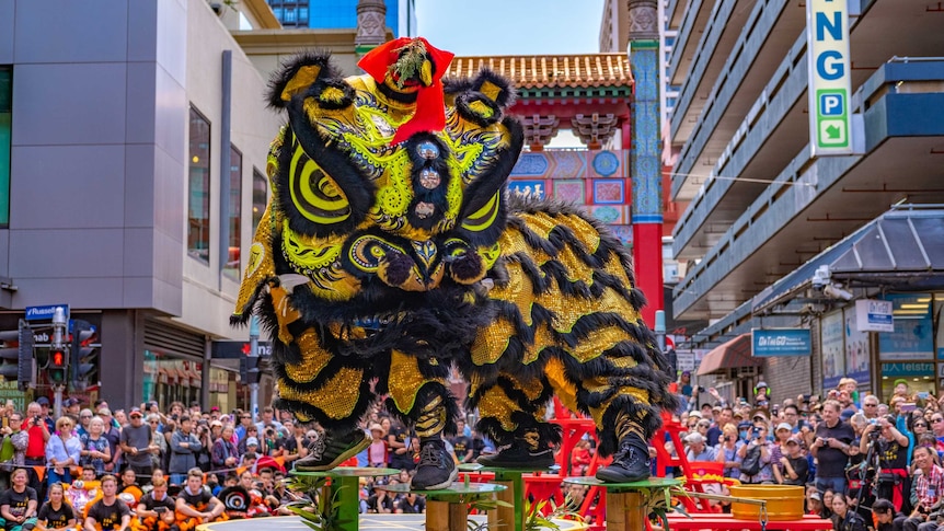 A crowd of people watch the Lion dance performance at the 2020 Lunar New Year celebrations in Melbourne