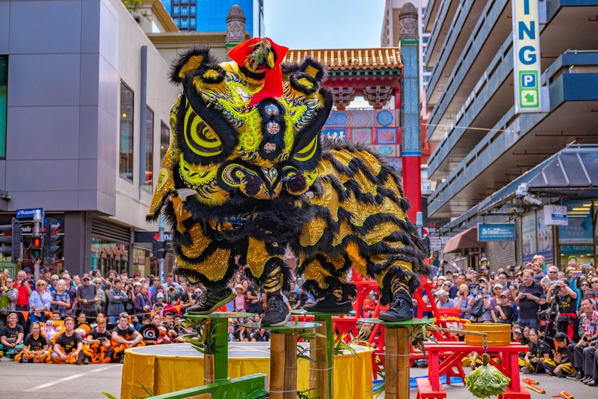 A crowd of people watch the Lion dance performance at the 2020 Lunar New Year celebrations in Melbourne