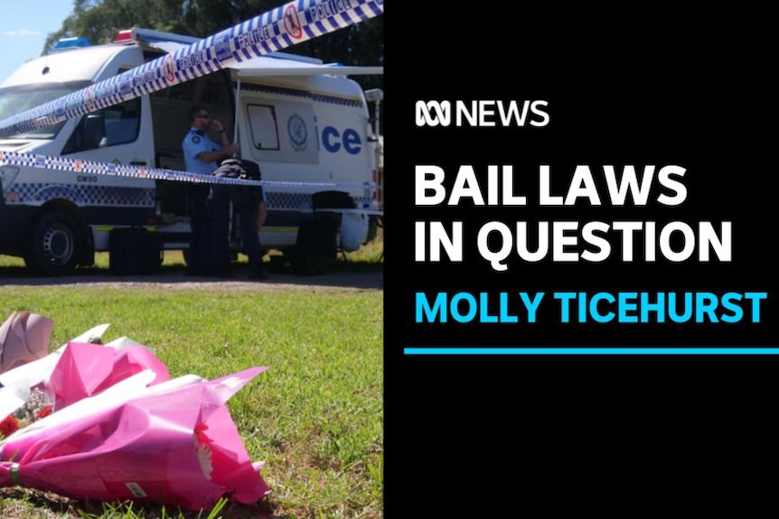 Bail Laws in Question, Molly Ticehurst: Flowers lie on the ground under police tape. A police vehicle is in the background.
