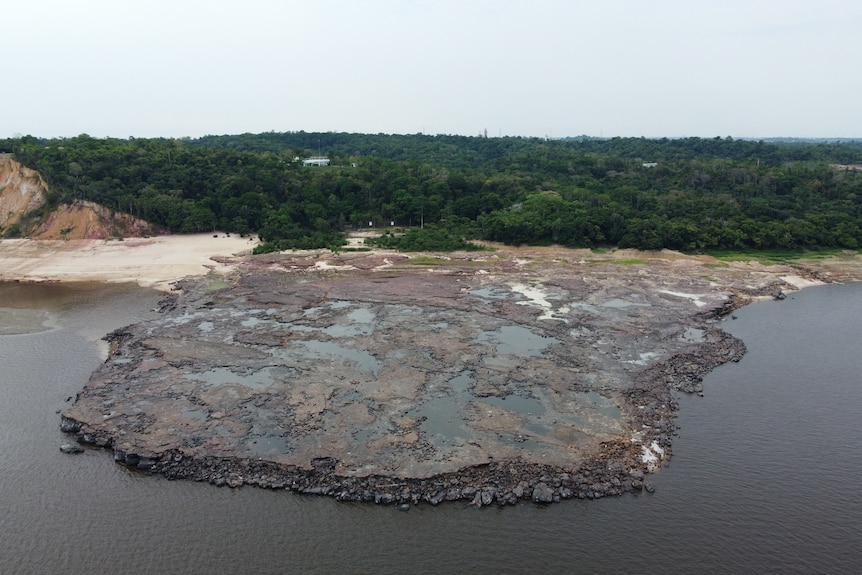 A view from above showing a large section of rock surrounded by water and trees.
