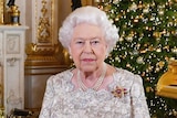 Queen Elizabeth II sits at a desk in  a grand drawing room with a Christmas tree behind her