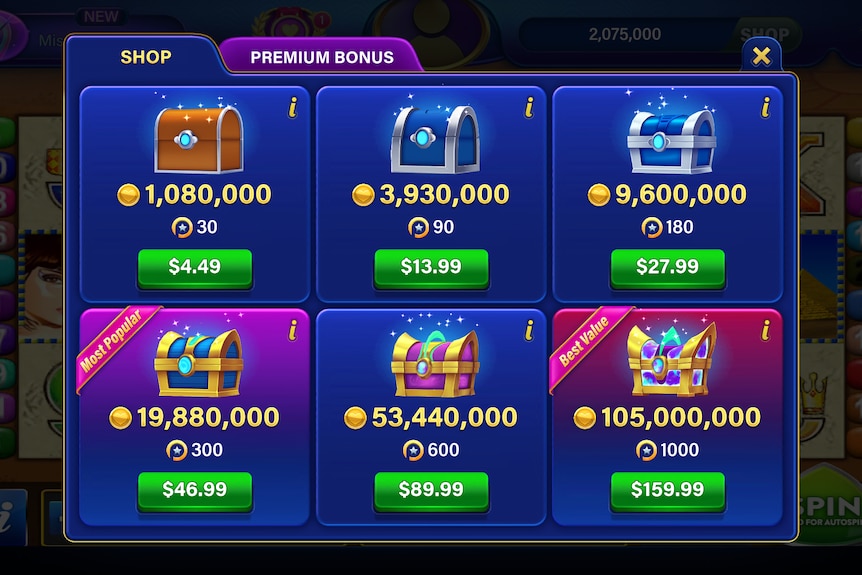 A screenshot of the 'shop' in a social casino game, offering a million virtual coins for $5 of real money.