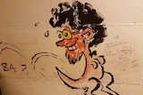 Two sketches of a man's face with black curly hair wearing glasses on a kangaroo's body on a pale coloured wall