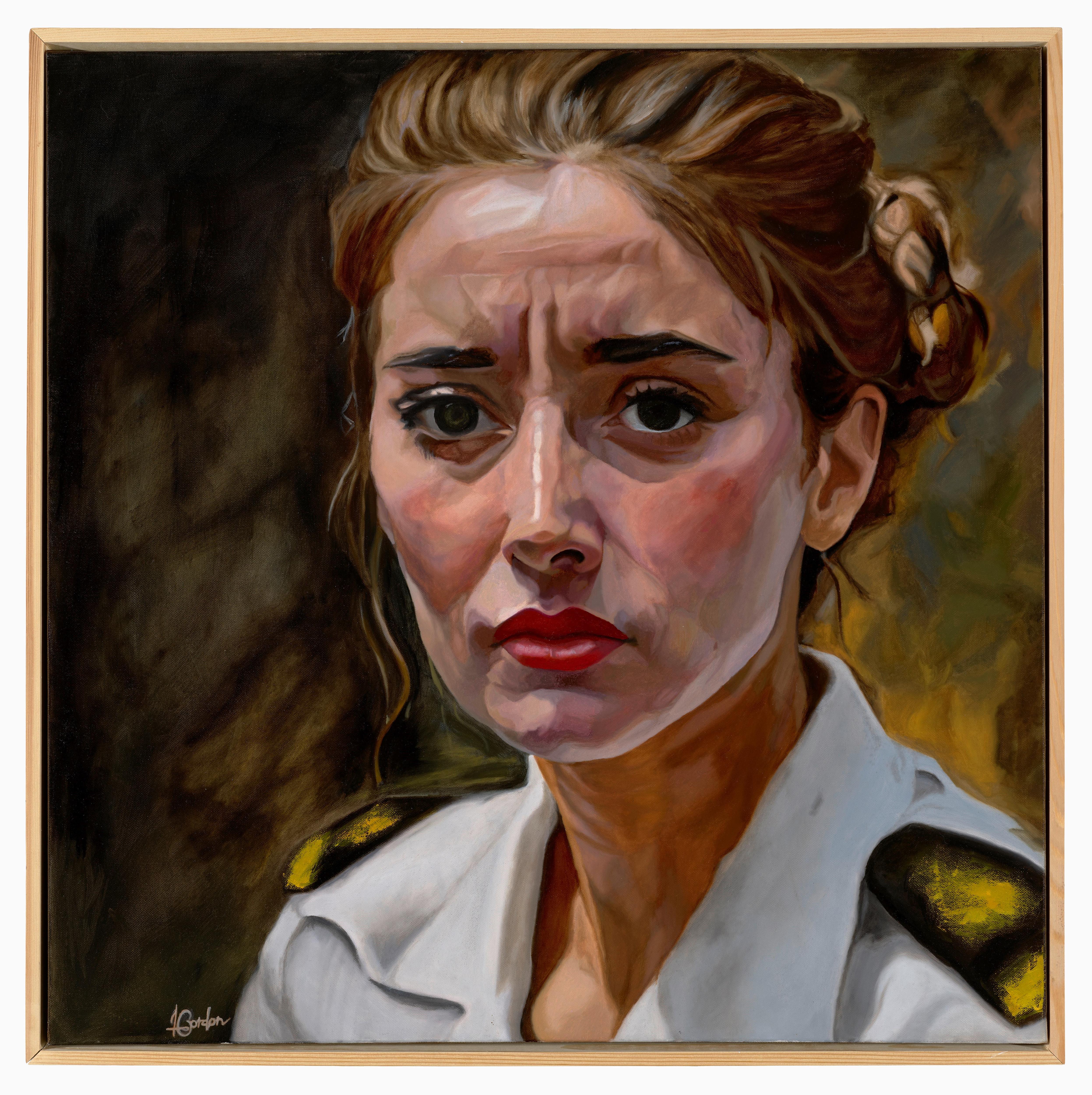 A painting of a woman looking sombre.