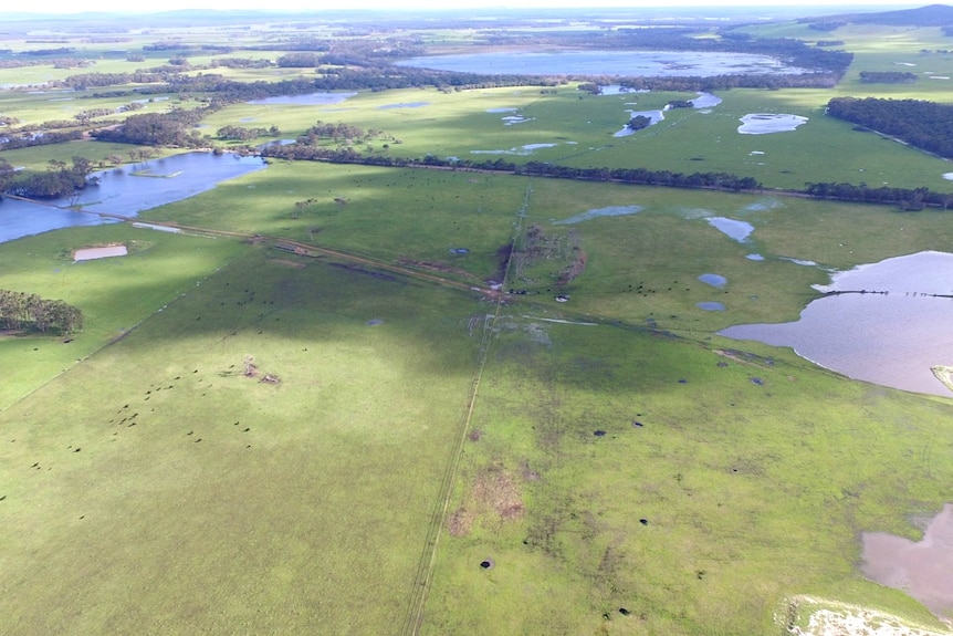 An aerial photograph of wet farmland with large puddles of water in green fields.