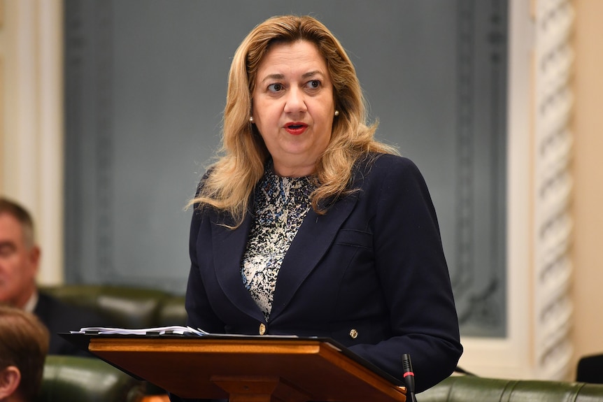 Annastacia stands up in state parliament and speaks while wearing a black blazer.