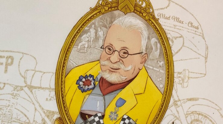 Plaque with painting of Bertrand Cadart holding red wine with yellow jacket, with a motorbike outline behind him