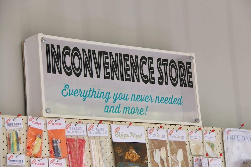 A sign that says 'Inconvenience Store: everything you never needed and more!