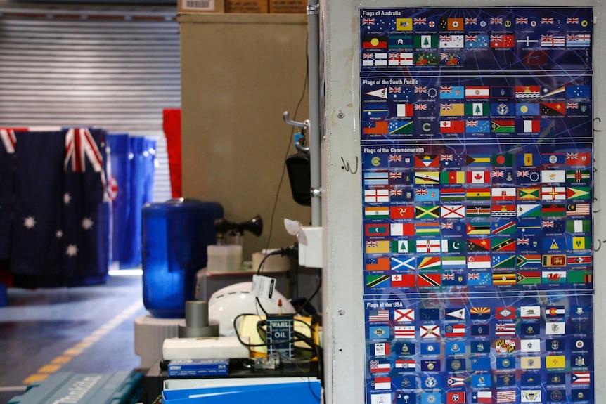 A visual reference guide inside the Fyshwick flag store.