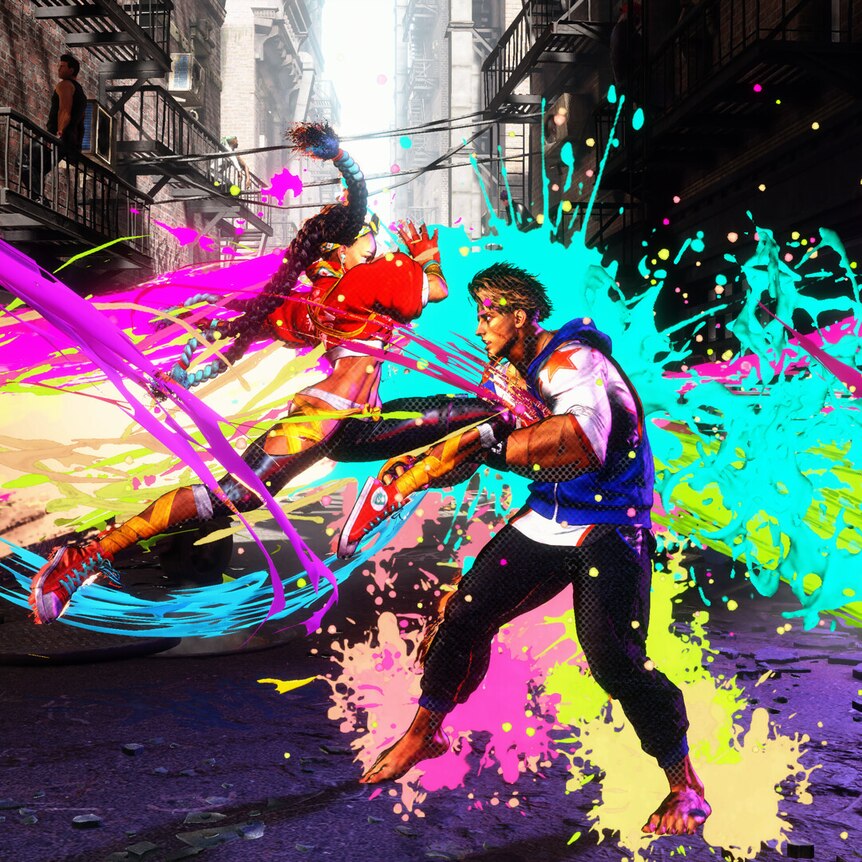 Two fighters, a man and a woman, locked in a fight on the street, surrounded by colourful visual effects.