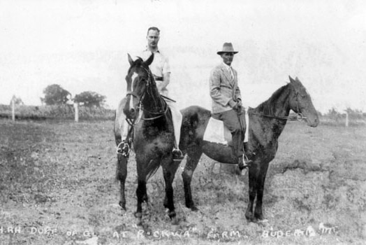 Duke of Gloucester and pioneer George Burnett on horseback, in Buderim in 1934.