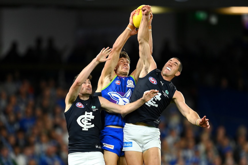 A North Melbourne player and two Carlton players leap and reach for the football