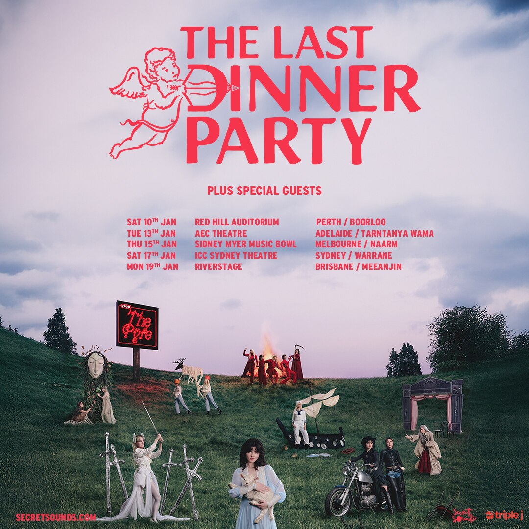 Each of The Last Dinner Party members are in different tableaus on a grassy hill with red text above them