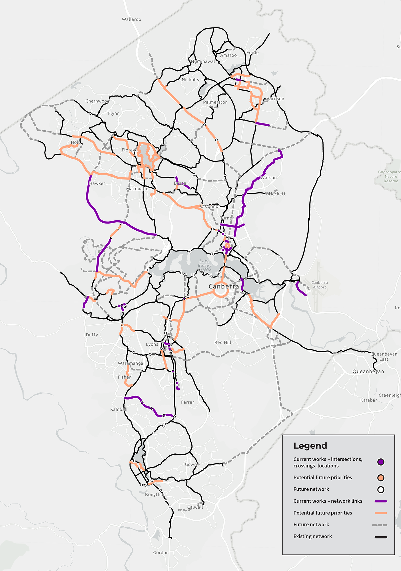 A map with thin, coloured lines across it, depicting cycle paths.