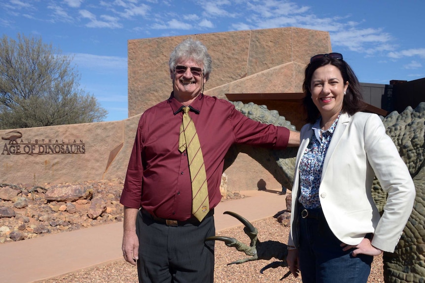 Former Winton mayor Graham 'Butch' Lenton stands with Queensland Premier Annastacia Palaszczuk in Winton