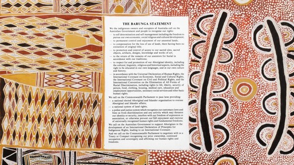 A printed statement collage with Aboriginal artworks.