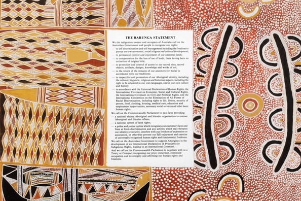 A printed statement collage with Aboriginal artworks.