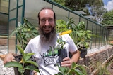 A man holding tropical plants in front of a greenhouse