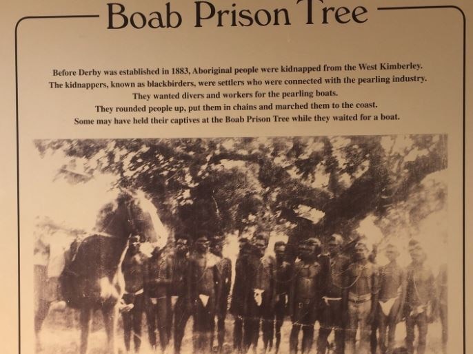 A photo of the sign for the boab prison tree