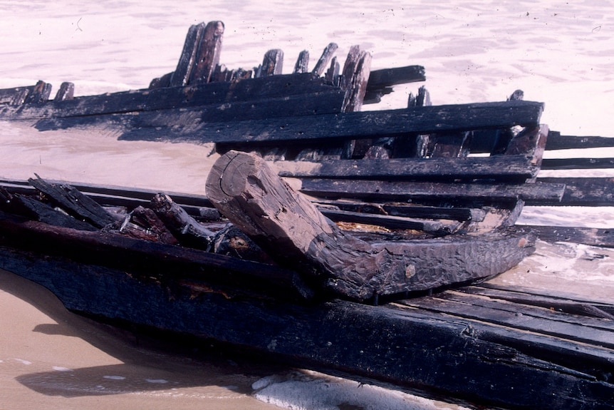 Close up image of a wooden shipwreck on a beach.