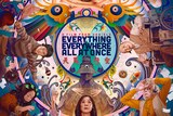An illustrated poster depicting various characters and iconography from the 2022 film Everything Everywhere, All At Once