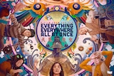An illustrated poster depicting various characters and iconography from the 2022 film Everything Everywhere, All At Once