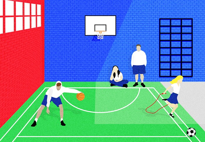 Illustration of school children playing at lunch break on basketball court