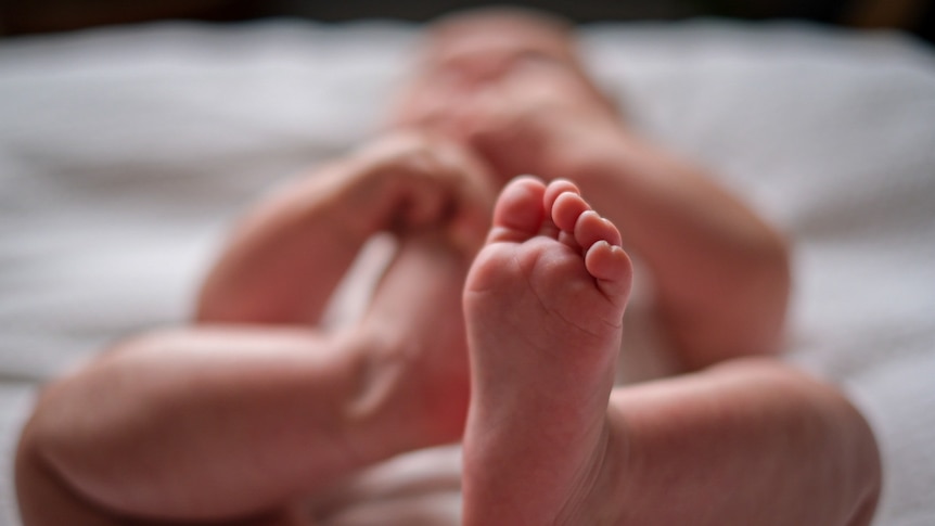 A baby on its back with its feet in focus