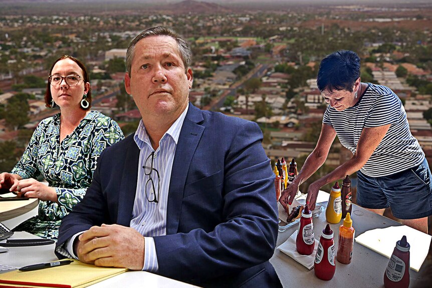 A graphic with the background of an outback town. On the next layer a woman and a man at desks and a woman serving sausages.