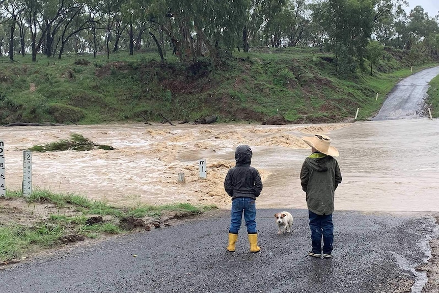 Two children look at a flooded road.