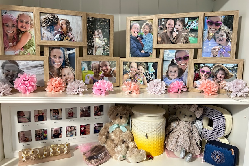A cabinet with photos of Ruby.