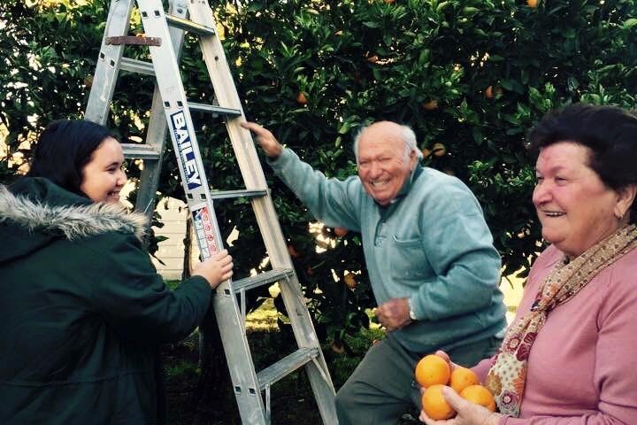 Two women and man standing near a ladder in a garden