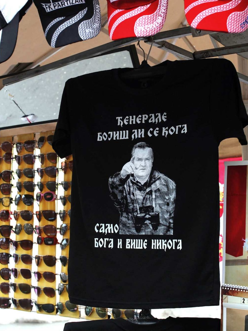 Religious icons of the Serbian Orthodox Church sell beside a t-shirt of General Ratko Mladic.