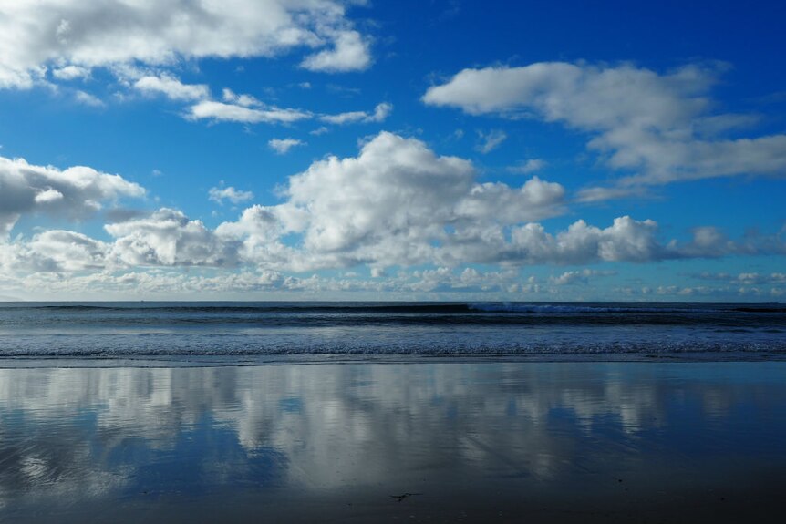 The clouds are reflected in the wet sand at the ocean on a sunny day.