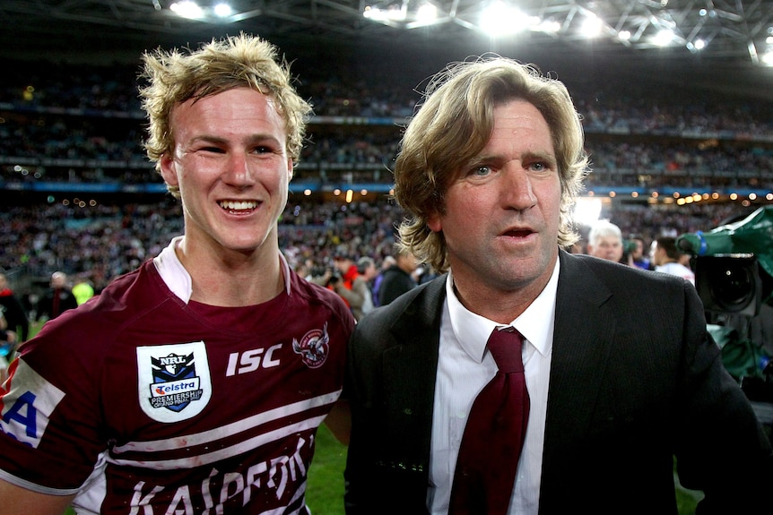 Des Hasler and Daly Cherry-Evans together after winning the 2011 NRL grand final.