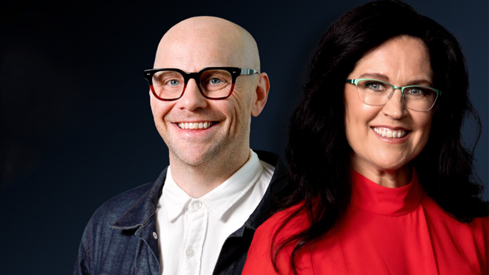 A composite headshot of Brett Worthington and Annabel Crabb against a black background.