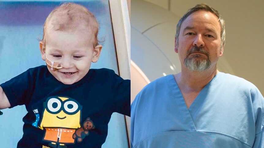 Side-by-side photos show a happy toddler on a slide and a middle-aged solemn-looking man in a hospital gown