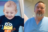 Side-by-side photos show a happy toddler on a slide and a middle-aged solemn-looking man in a hospital gown