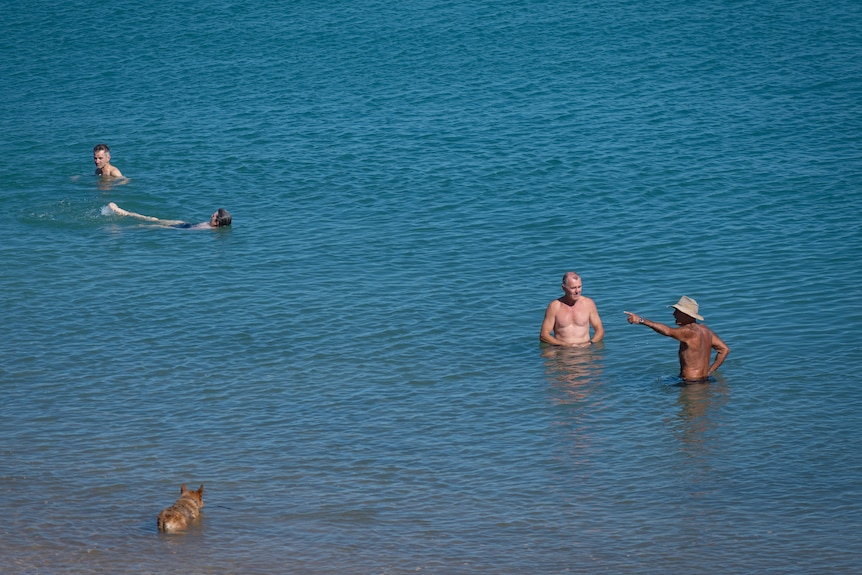 People swim at a Darwin beach during lockdown
