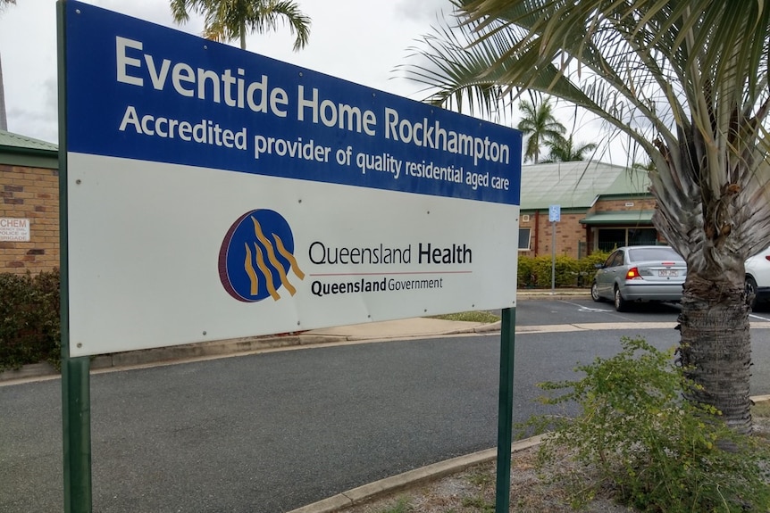 Sign for Queensland Health Eventide aged care home in Rockhampton out the front of the complex.