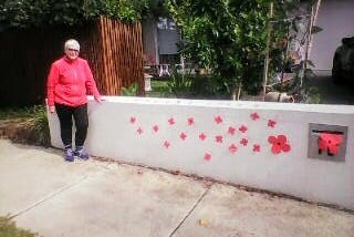 A woman wears a pink jumper and stands next to paper poppies taped to her fence.