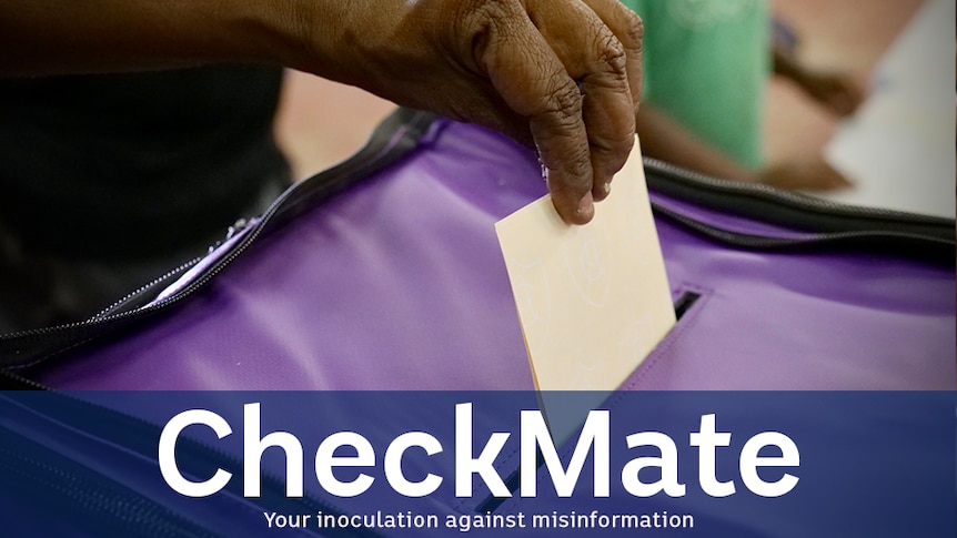 An Indigenous person's hand placing a ballot in a purple voting box. A blue graphical banner which says CHECKMATE is present