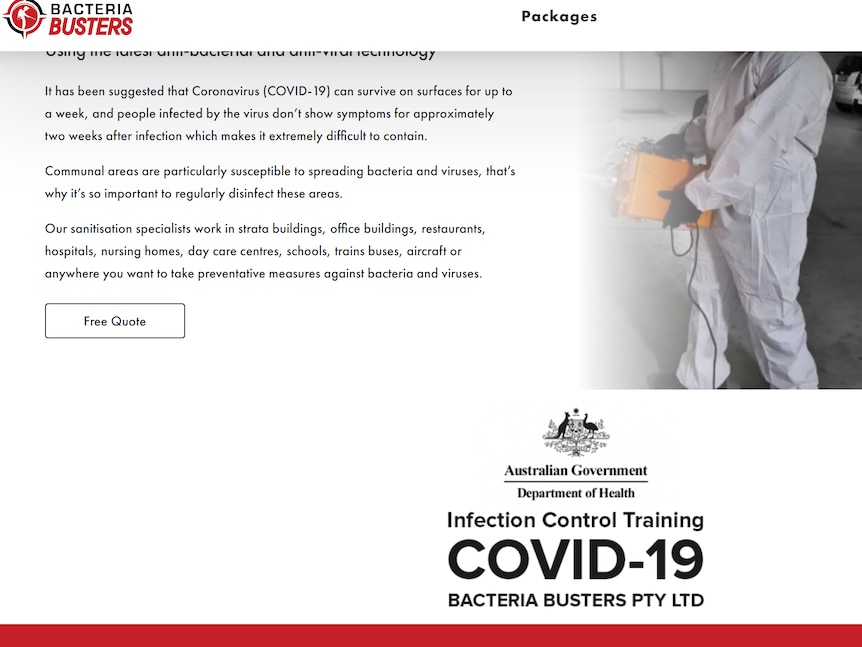 A screenshot from the bacteria elimination website shows the Australian coat of arms above the text 'infection control training'