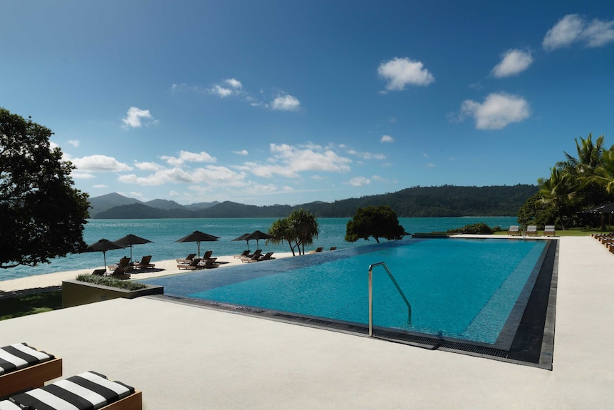 A blue plunge pool looks out to the ocean on a sunny day. There are loungers positioned around the pool.